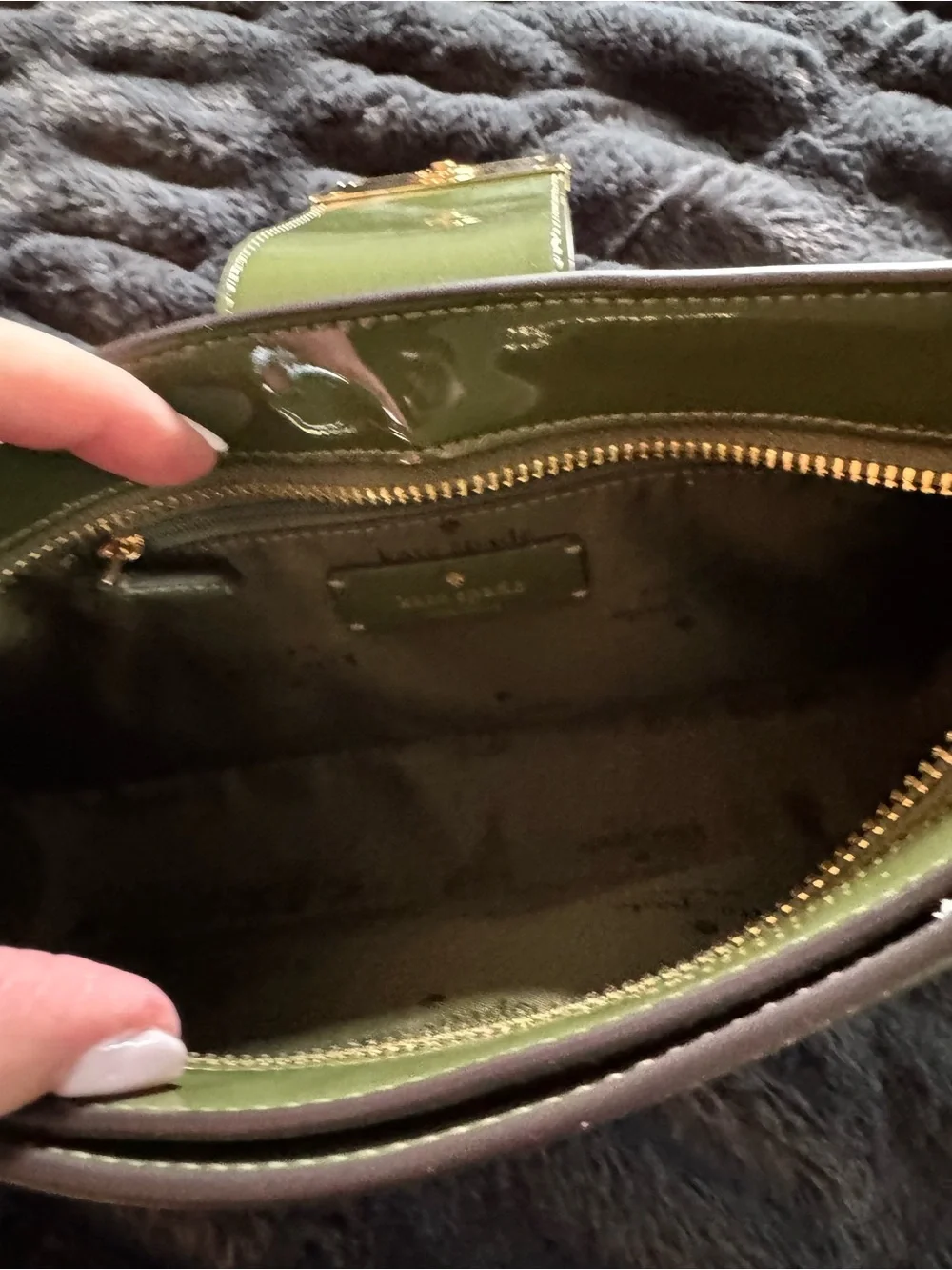 kate spade Olive Green Patent Shoulder Bag with Gold Plaque